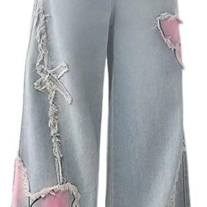 Baggy Ripped Jeans for Women – Wide Leg Butterfly Print & Star Patch Distressed Denim Pants High Waist Streetwear