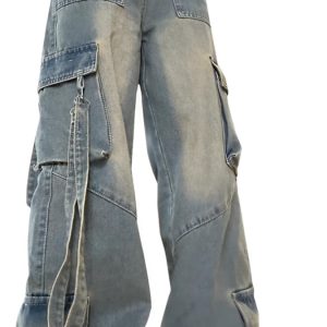 Fashion Gothic Straight Leg High Waisted Jeans for Women Casual Vintage Patchwork Baggy Denim Pants
