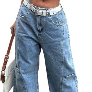 Wide Leg Jeans for Women  Lowrise Patchwork Cargo Baggy Jeans Fashion Denim Pants Streetwear Bottoms