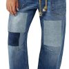 Women Baggy Barrel Horseshoe Jeans Wide Leg Patchwork Low Rise Denim Pants with Pockets