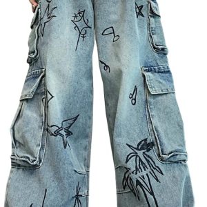 Fashion Straight High Waisted Wide Leg Jeans Casual Gradual Graffiti Patchwork Baggy Denim Pants