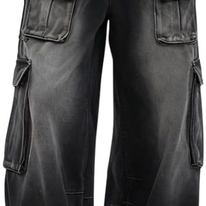Baggy Cargo Pants for Women Girls Wide Leg Jeans Hip Hop Streetwear Low Rise Oversized Jeans Clothes Blue