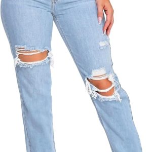 Jeans for Women High Waist Wide Leg Distressed Raw Hem Destroyed Straight Leg Stretchy Denim Pants