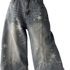 Baggy Jeans for Women Men Star Printed Barrel Jeans Low Rise Boyfriend Denim Pants Streetwear Clothes