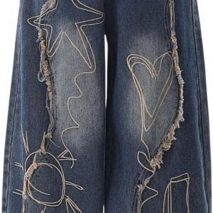Baggy Jeans for Women Girls Star Wide Leg Barrel Jeans Embroidered Patchwork Cute Denim Pants Trendy Clothes