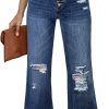Women High Waist Relaxed Fit Ripped Jeans Stretchy Flare Jeans Denim Pants
