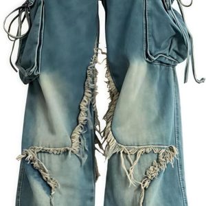 Unisex  Star Patchwork Baggy Jeans – Wide Leg Distressed Denim Pants with Drawstring Waist and Cargo Pockets Streetwear