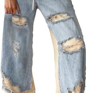 Women Baggy Patchwork Jeans High Waisted Wide Leg Pants Vintage Boyfriend Denim Pants Casual Trousers Streetwear