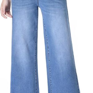 Wide Leg Cropped Jeans for Women, Pull on Elastic Waist Stretchy Capris Ankle Petite Pants