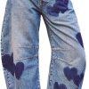 Barrel Jeans Women Wide Leg Baggy Distressed Printed Boyfriend Horseshoe Denim Pants