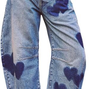 Barrel Jeans Women Wide Leg Baggy Distressed Printed Boyfriend Horseshoe Denim Pants